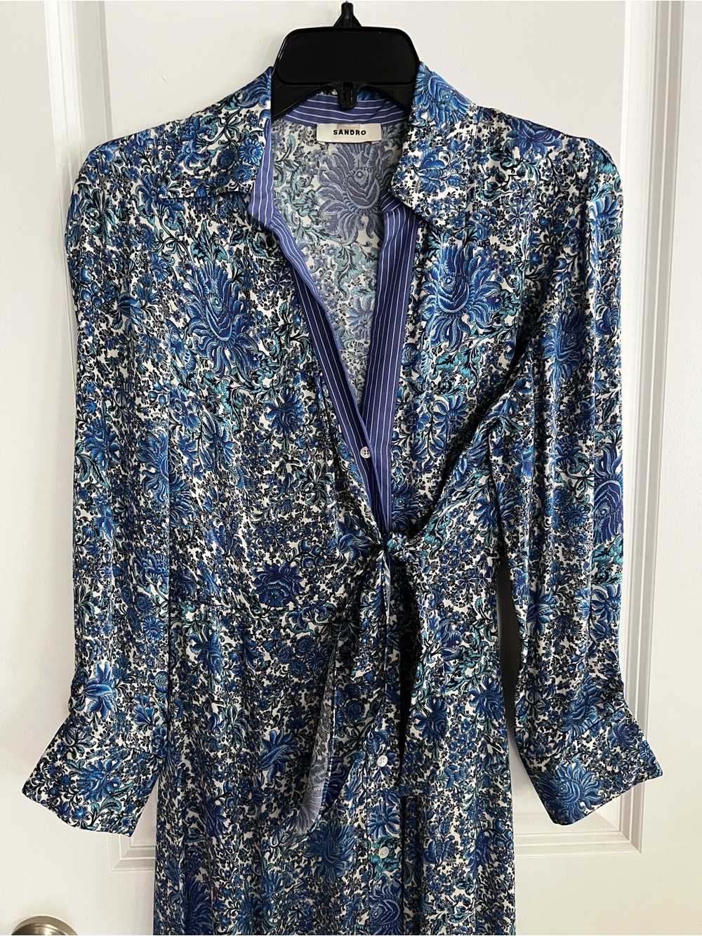 Sandro Blue and White Floral Tie-Front Silk Dress, Size 38 (US Size 6)
